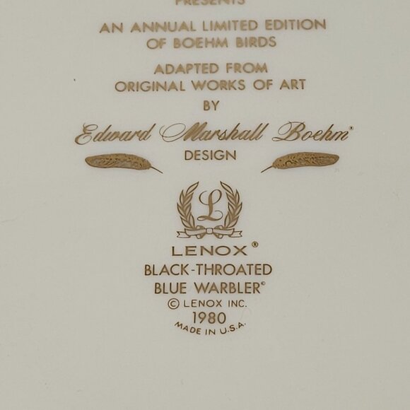 Lenox Limited Edition Birds Plate Black-Throated Blue Warblers Edward Boehm 1980 - Picture 5 of 9